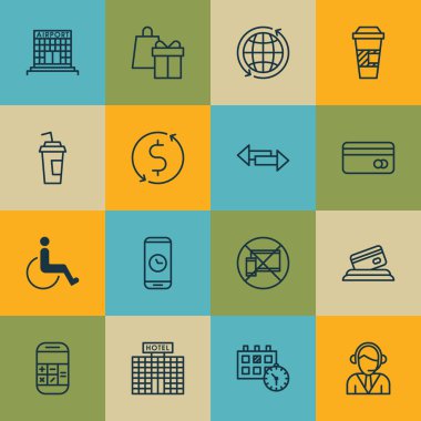 16 seyahat simgeler kümesi. Web, mobil, UI ve Infographic tasarımı için kullanılabilir. Hesaplama, Office, hesap makinesi ve daha fazlası gibi unsurları içerir.