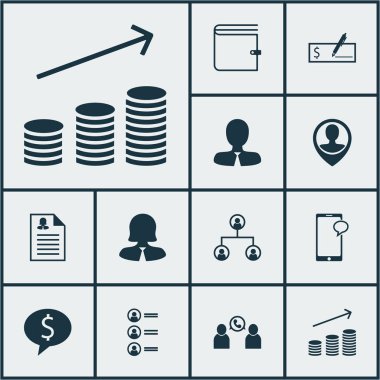 12 yönetimi simgeler kümesi. Web, mobil, UI ve Infographic tasarımı için kullanılabilir. Para, özgeçmiş, sikke ve daha fazlası gibi unsurları içerir.