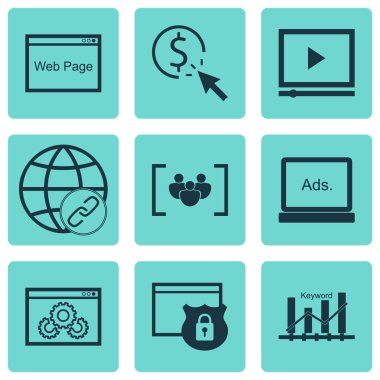 9 Seo simgeler kümesi. Web, mobil, UI ve Infographic tasarımı için kullanılabilir. Güvenlik, grup, en iyi duruma getirme ve daha fazlası gibi unsurları içerir.