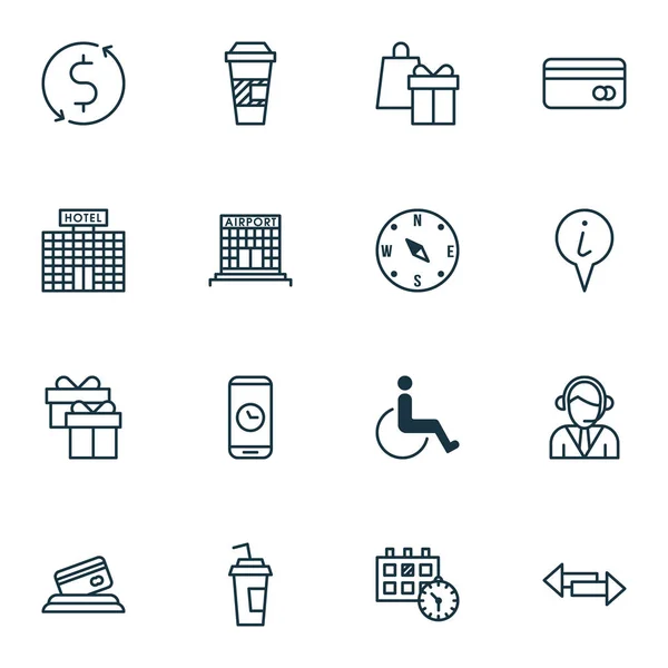 Set van 16 reizende iconen. Kan worden gebruikt voor Web, mobiel, Ui en Infographic Design. Bevat elementen zoals heden, Office, betaling en meer. — Stockvector