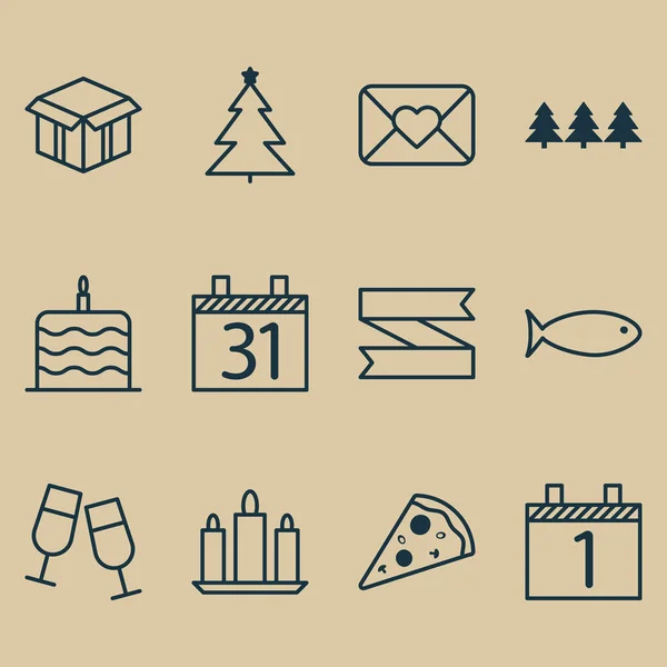 Conjunto de 12 iconos de celebración. Puede ser utilizado para el Web, móvil, interfaz de usuario y diseño infográfico. Incluye elementos tales como pieza, agenda, cinta y más . — Archivo Imágenes Vectoriales