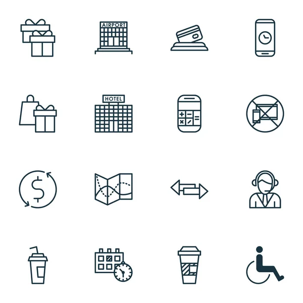 Set van 16 reizende iconen. Kan worden gebruikt voor Web, mobiel, Ui en Infographic Design. Bevat elementen zoals koffie, kaart, Gift en meer. — Stockvector