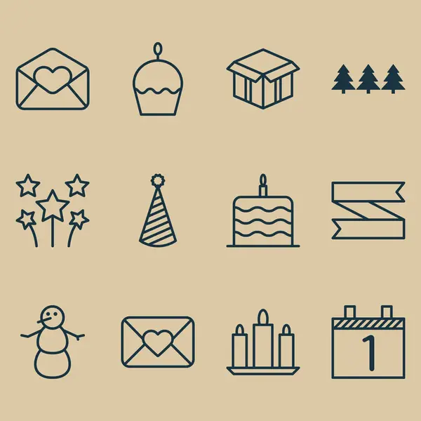 Conjunto de 12 Ícones de Natal. Pode ser usado para Web, Mobile, UI e design infográfico. Inclui elementos como bolo, agenda, árvore e muito mais . — Vetor de Stock