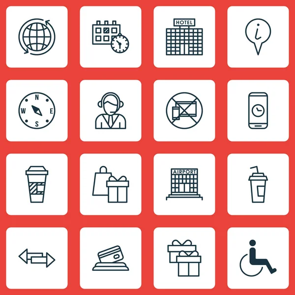 Conjunto de 16 iconos de viaje. Puede ser utilizado para el Web, móvil, interfaz de usuario y diseño infográfico. Incluye elementos tales como dispositivo, información, localizar y más . — Vector de stock