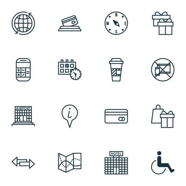 Conjunto de 16 iconos de viaje. Puede ser utilizado para el Web, móvil, interfaz de usuario y diseño infográfico. Incluye elementos como No, Viajes, Alrededor y Más . — Vector de stock