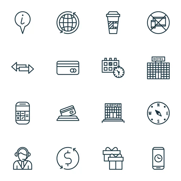Set de 16 iconos del aeropuerto. Puede ser utilizado para el Web, móvil, interfaz de usuario y diseño infográfico. Incluye elementos tales como regalo, mapa, construcción y más . — Vector de stock