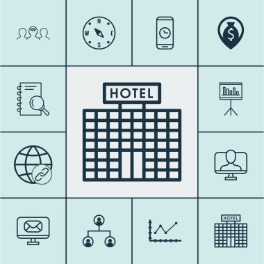 12 evrensel düzenlenebilir simgeler kümesi. Web, mobil ve App tasarım için kullanılabilir. Analiz, tanıtım, otel İnşaatı ve daha fazlası gibi unsurları içerir.