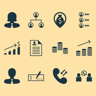 12 Hr simgeler kümesi. Web, mobil, UI ve Infographic tasarımı için kullanılabilir. Dolar, telefon, organizasyon ve daha fazla gibi unsurları içerir.