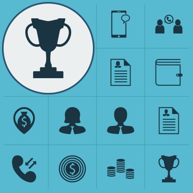 12 Hr simgeler kümesi. Web, mobil, UI ve Infographic tasarımı için kullanılabilir. Çalışan, özgeçmiş ve Profile gibi unsurları içerir.