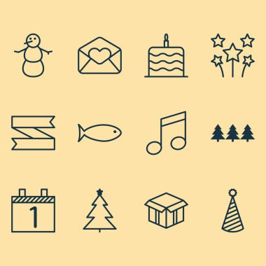 12 yeni yıl simgeler kümesi. Web, mobil, UI ve Infographic tasarımı için kullanılabilir. Pasta, ay, kutu ve daha fazla gibi unsurları içerir.