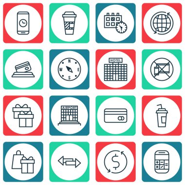 16 ulaşım simgeler kümesi. Web, mobil, UI ve Infographic tasarımı için kullanılabilir. Telefon, randevu, dolar ve daha fazlası gibi unsurları içerir.