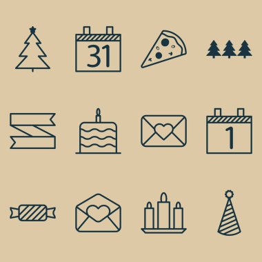 12 sene simgeler kümesi. Web, mobil, UI ve Infographic tasarımı için kullanılabilir. Doğum günü, tatlı, şapka ve daha fazlası gibi unsurları içerir.