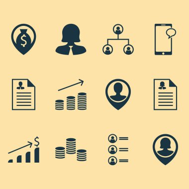 12 yönetimi simgeler kümesi. Web, mobil, UI ve Infographic tasarımı için kullanılabilir. Telefon, erkek, dolar ve daha fazlası gibi unsurları içerir.