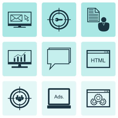 9 Seo simgeler kümesi. Web, mobil, UI ve Infographic tasarımı için kullanılabilir. Reklam, kapsamlı, görüntü ve daha fazlası gibi unsurları içerir.