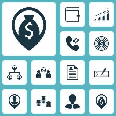 12 yönetimi simgeler kümesi. Web, mobil, UI ve Infographic tasarımı için kullanılabilir. Profil, dolar, artış ve daha fazla gibi unsurları içerir.