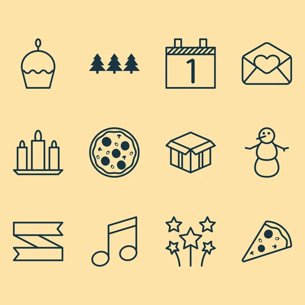 Zestaw 12 ikon szczęśliwego nowego roku. Może służyć do sieci Web, mobilnych, interfejsu użytkownika i Infographic Design. Zawiera elementy, takie jak zima, Uwaga, ciasta i wiele innych. — Wektor stockowy
