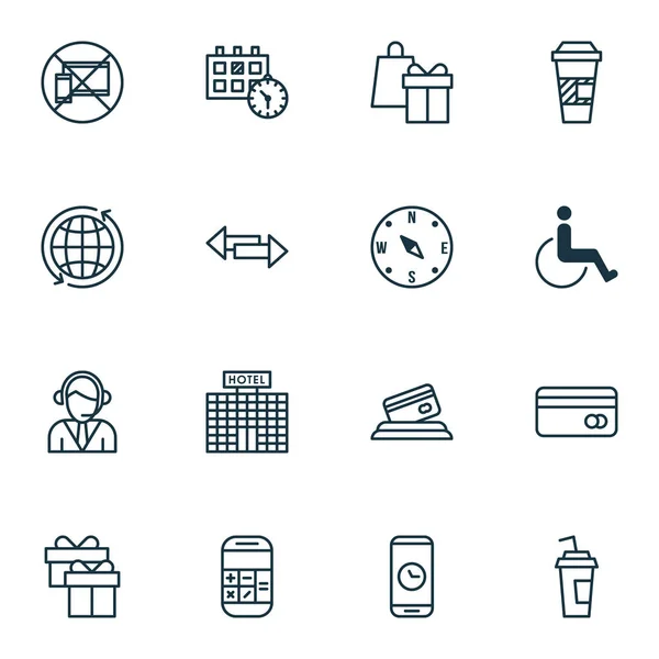 Set van 16 reizende iconen. Kan worden gebruikt voor Web, mobiel, Ui en Infographic Design. Bevat elementen zoals toegankelijkheid, vakantie, kaart en meer. — Stockvector