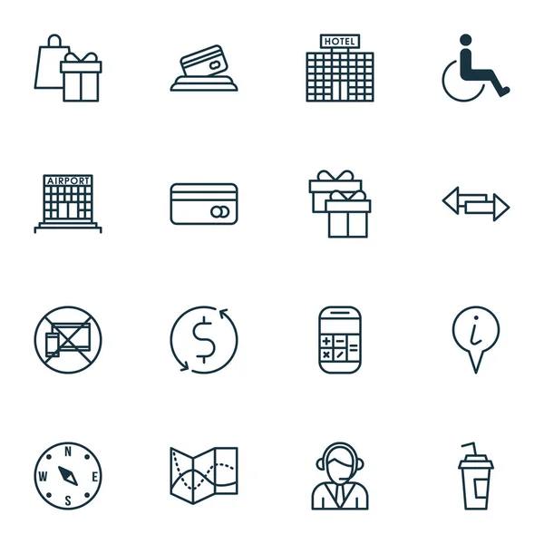 Set van 16 reizende iconen. Kan worden gebruikt voor Web, mobiel, Ui en Infographic Design. Bevat elementen zoals kompas, Hotel, pijlen en meer. — Stockvector