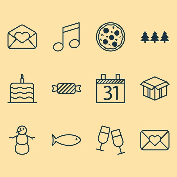 Zestaw 12 ikon nowy rok. Może służyć do sieci Web, mobilnych, interfejsu użytkownika i Infographic Design. Zawiera elementy, takie jak Boże Narodzenie, urodziny, posiłek i więcej. — Wektor stockowy