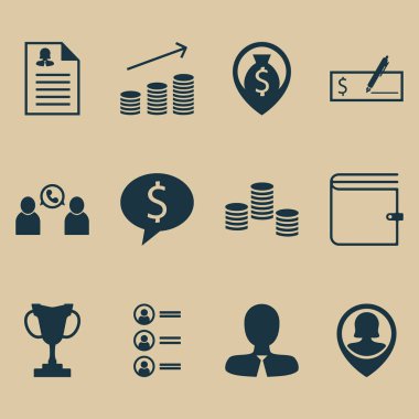 12 yönetimi simgeler kümesi. Web, mobil, UI ve Infographic tasarımı için kullanılabilir. Tartışma, cüzdan, para ve daha fazlası gibi unsurları içerir.