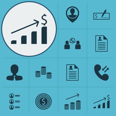 12 Hr simgeler kümesi. Web, mobil, UI ve Infographic tasarımı için kullanılabilir. Kariyer, sikke ve erkek gibi unsurları içerir.