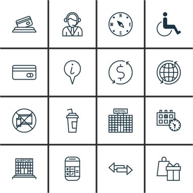 16 seyahat simgeler kümesi. Web, mobil, UI ve Infographic tasarımı için kullanılabilir. Devre dışı bırakılmış gibi öğeleri, harita, hediye ve daha fazlasını içerir.
