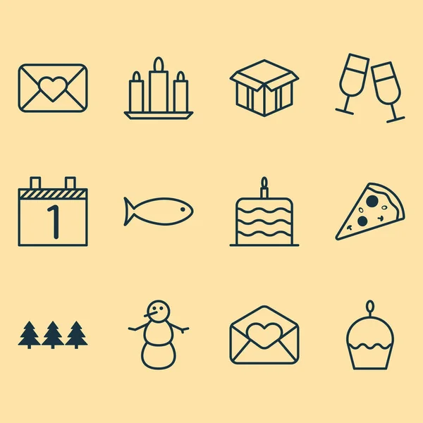 Conjunto de 12 ícones de férias. Pode ser usado para Web, Mobile, UI e design infográfico. Inclui elementos como saudação, bolo, peça e muito mais . — Vetor de Stock