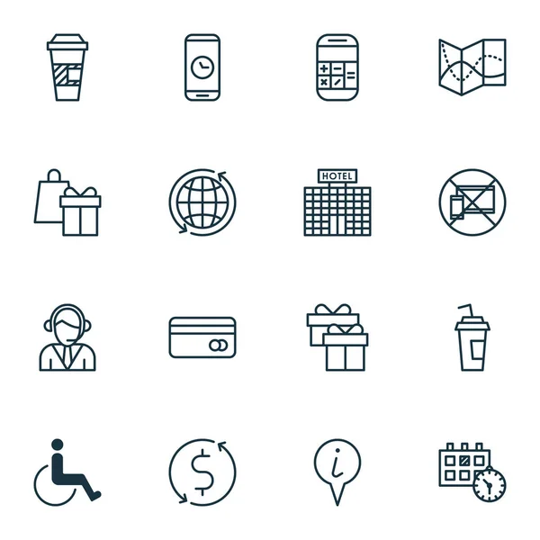 Satz von 16 Transport-Symbolen. kann für Web-, Mobil-, UI- und Infografik-Design verwendet werden. beinhaltet Elemente wie Kredit, Papier, Getränk und mehr. — Stockvektor