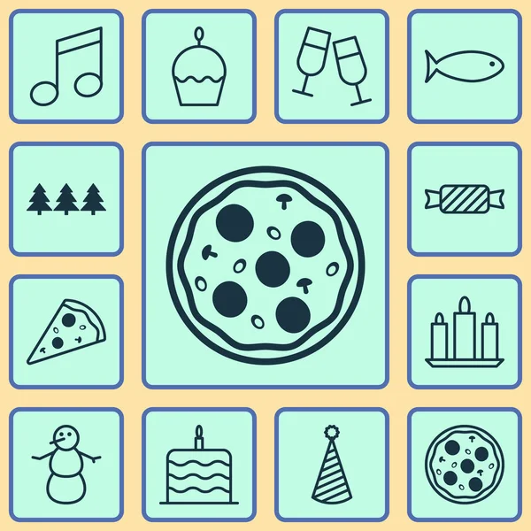 Conjunto de 12 iconos de Año Nuevo. Puede ser utilizado para el Web, móvil, interfaz de usuario y diseño infográfico. Incluye elementos como pizzería, pescado, fiesta y más . — Archivo Imágenes Vectoriales