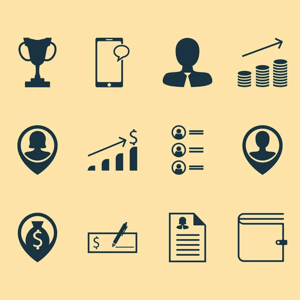 Conjunto de 12 iconos de gestión. Puede ser utilizado para el Web, móvil, interfaz de usuario y diseño infográfico. Incluye elementos como trofeo, pin, dólar y más . — Vector de stock