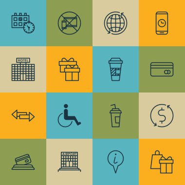 Havaalanı simgeleri randevusu ayarla, hediye ve plastik kart konular. Düzenlenebilir vektör çizim. İşaretçi, mobil, dünya ve daha fazla vektör simge içerir.