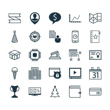 25 evrensel düzenlenebilir simgeler kümesi. Web, mobil ve App tasarım için kullanılabilir. Tarihi, Chip, Video oynatıcı ve daha fazlası gibi simgeleri içerir.