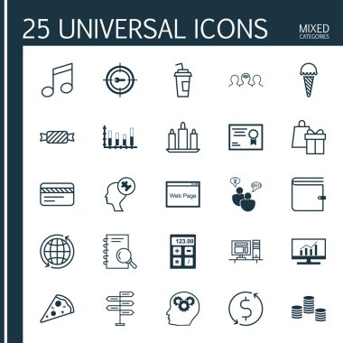25 evrensel düzenlenebilir simgeler kümesi. Web, mobil ve App tasarım için kullanılabilir. Dünya, para Trasnfer, tatlı ve daha fazlası gibi simgeleri içerir.