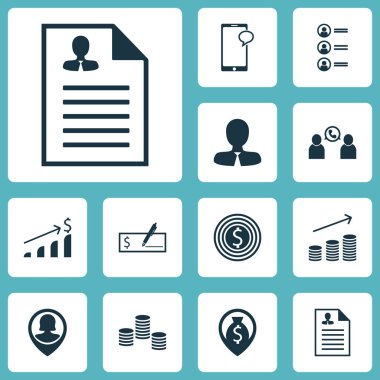 Para, özgeçmiş ve Yöneticisi konuları insan kaynakları simgeler kümesi. Düzenlenebilir vektör çizim. Dolar, nakit, para ve daha fazla vektör simge içerir.