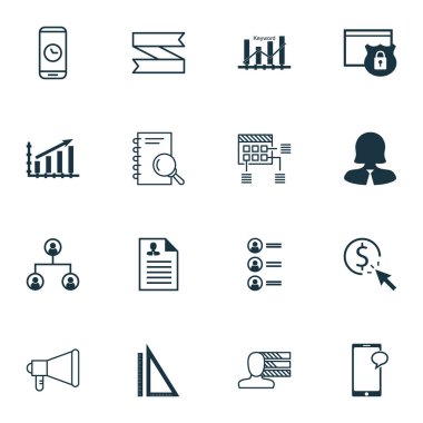 16 evrensel düzenlenebilir simgeler kümesi. Web, mobil ve App tasarım için kullanılabilir. Güvenlik, zamanlama, ağaç yapısı ve daha fazlası gibi simgeleri içerir.