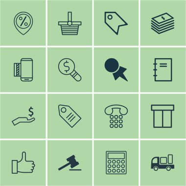 16 e-ticaret simgeler kümesi. Tokmak, indirim kuponu, Doları banknot ve diğer simgeleri içerir. Güzel tasarım öğeleri.