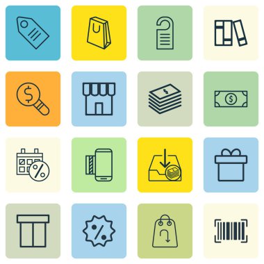 16 E-ticaret simgeler kümesi. Fiyat, mobil servis, indirim işareti ve diğer simgeleri içerir. Güzel tasarım öğeleri.