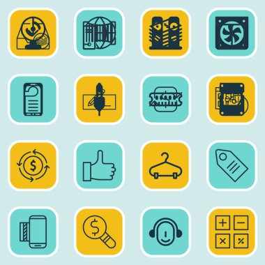 16 E-ticaret simgeler kümesi. Kutusu, Doları banknot, içerir para ve diğer simgeler çekilme. Güzel tasarım öğeleri.