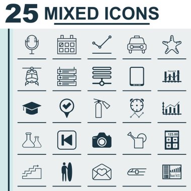 25 evrensel düzenlenebilir simgeler kümesi. Web, mobil ve App tasarım için kullanılabilir. Helikopter, çalışma şarkı geri, hatırlatma ve daha fazlası gibi unsurları içerir.