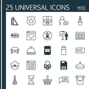25 evrensel düzenlenebilir simgeler kümesi. Web, mobil ve App tasarım için kullanılabilir. Gezi erişim, kova, bariyer ve daha fazlası gibi unsurları içerir.