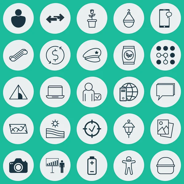 Set de 25 iconos editables universales. Puede ser utilizado para el diseño web, móvil y de aplicaciones. Incluye elementos tales como mensajes, flechas de navegación, casa de camping y más . — Vector de stock