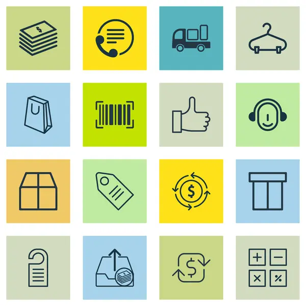 Conjunto de 16 iconos de comercio electrónico. Incluye código de identificación, caja, símbolos de bolso. Hermosos elementos de diseño . — Archivo Imágenes Vectoriales