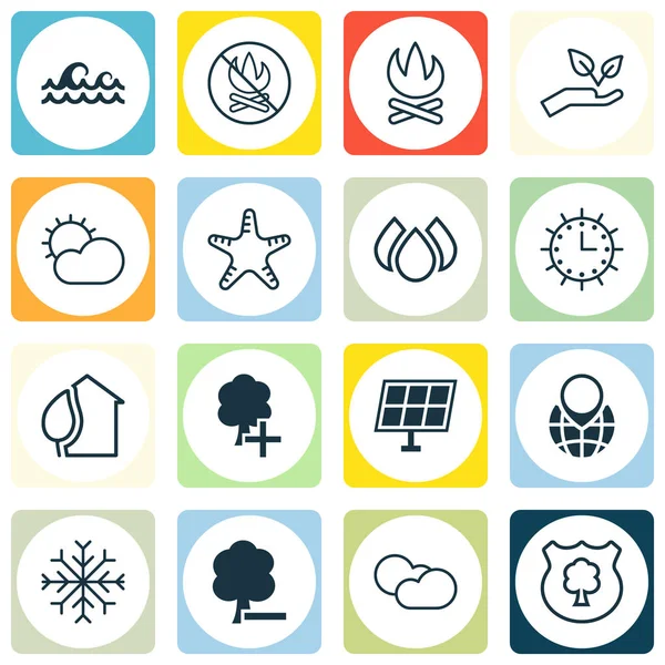 Set van 16 Eco-vriendelijke iconen. Bevat Aqua, Pin aarde, hout en andere symbolen. Mooie designelementen. — Stockvector