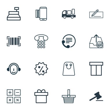 16 e-ticaret simgeler kümesi. Tokmak, kadın çantası, telefon ve diğer simgeleri içerir. Güzel tasarım öğeleri.