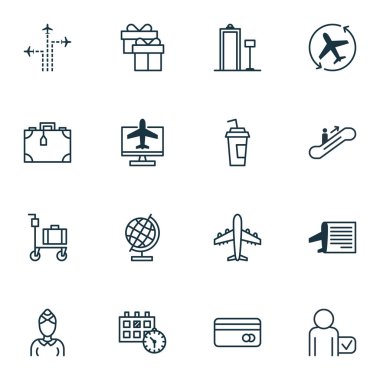 16 ulaşım simgeler kümesi. Uçus tarifesi, Globetrotter, dünya Küre ve diğer simgeleri içerir. Güzel tasarım öğeleri.