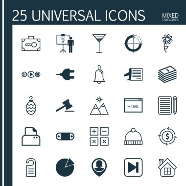 25 evrensel düzenlenebilir simgeler kümesi. Web, mobil ve App tasarım için kullanılabilir. Manzara, kodlama, güvenlik Bagaj gibi unsurları içerir.