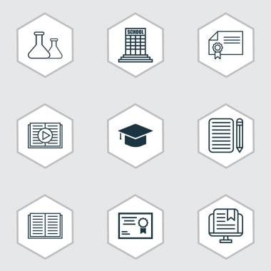 9 eğitim simgeler kümesi. Diploma, mezuniyet, sertifika ve diğer simgeleri içerir. Güzel tasarım öğeleri.