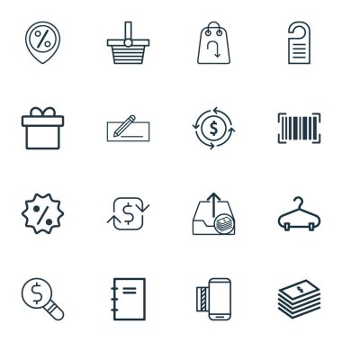 16 ticaret simgeler kümesi. Yinelenen Payements, indirim işareti, iş denetim ve diğer simgeleri içerir. Güzel tasarım öğeleri.
