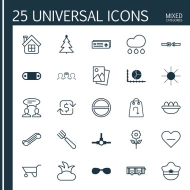 25 evrensel düzenlenebilir simgeler kümesi. Web, mobil ve App tasarım için kullanılabilir. Konut, Bahçe çatal, güneş ve daha fazla gibi unsurları içerir.