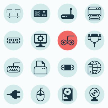 16 bilgisayar donanım simgeler kümesi. PC, Internet ağı, Joystick ve diğer simgeleri içerir. Güzel tasarım öğeleri.